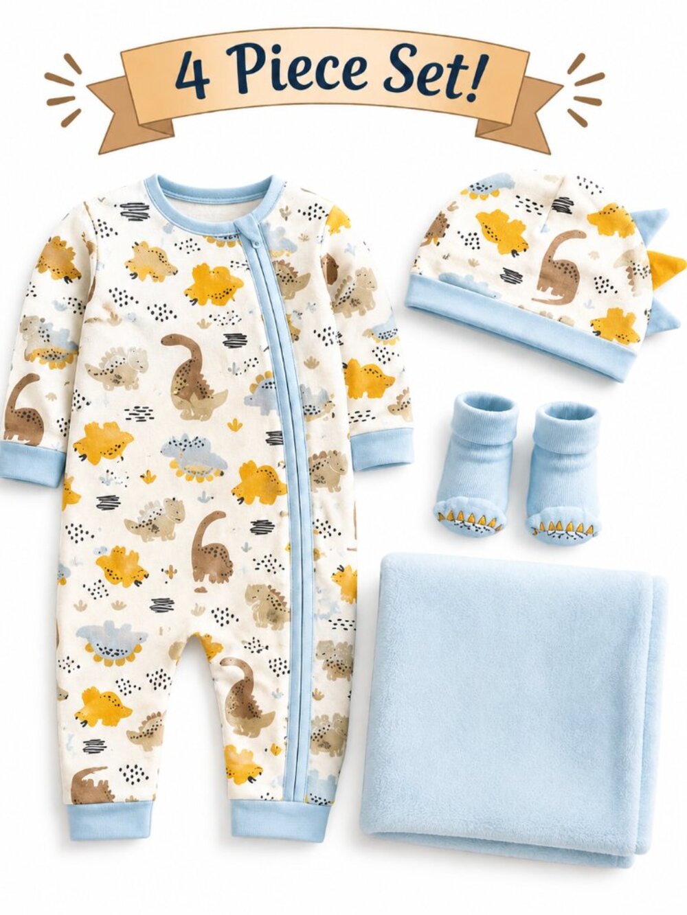 NWT Baby Essentials 4 Piece Baby Boy Gift Set Size 3 Months Dinosaur Outfit Cute
